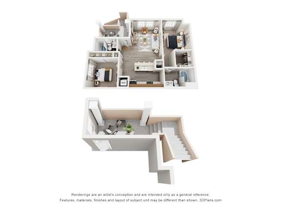 A 3D floor plan of a house with a staircase.