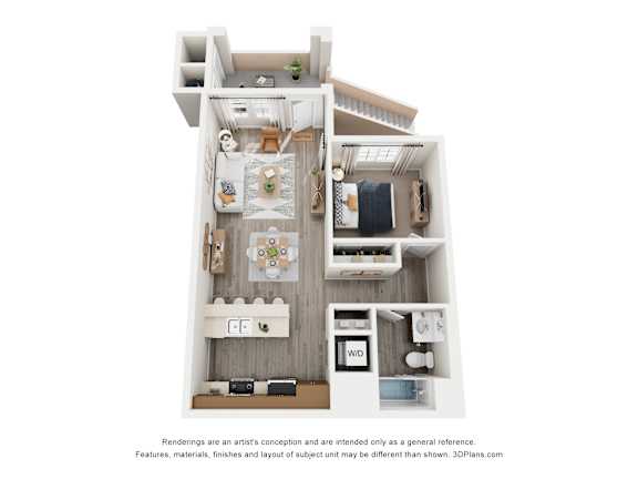 A 3D floor plan of a small apartment with a kitchen, living room, and bathroom.