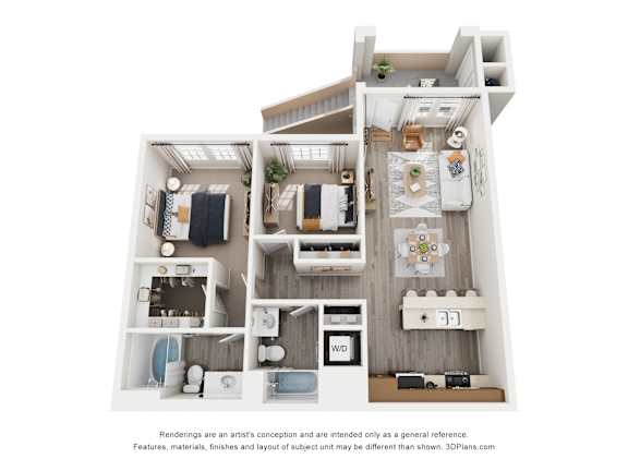A 3D floor plan of a small apartment with a kitchen, living room, and bathroom.