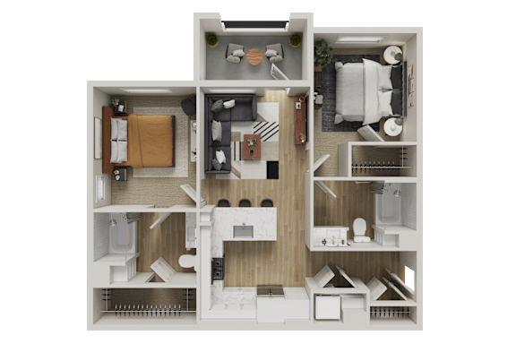 A 3D floor plan of a small apartment with a kitchen, living room, and bathroom.