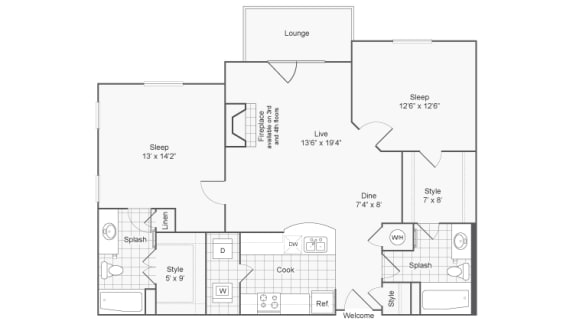 2 bed 2 bathroom Birch Floor Plan at ReNew Glenmoore, Glenmoore, PA