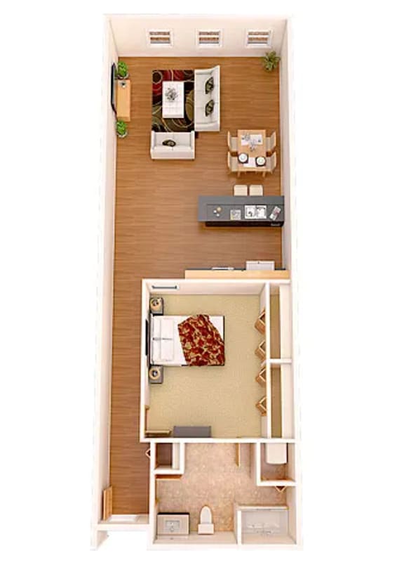 A small apartment with a bedroom, living room, and kitchen.