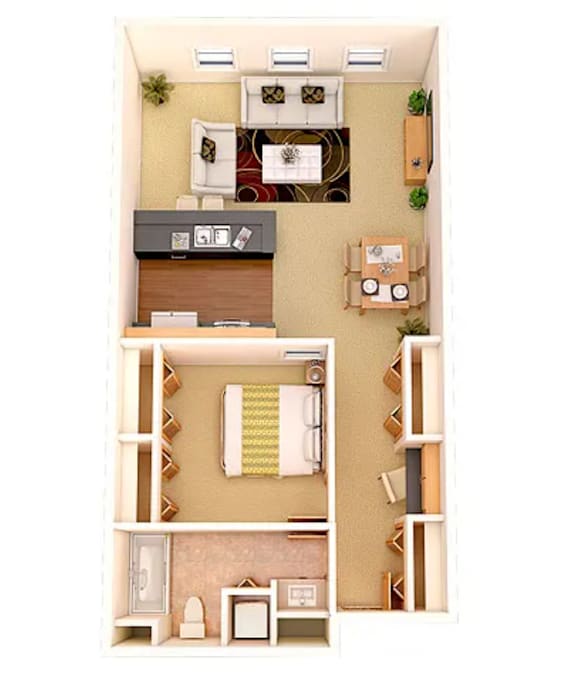 A top-down view of a small apartment with a kitchen, living room, and bedroom.