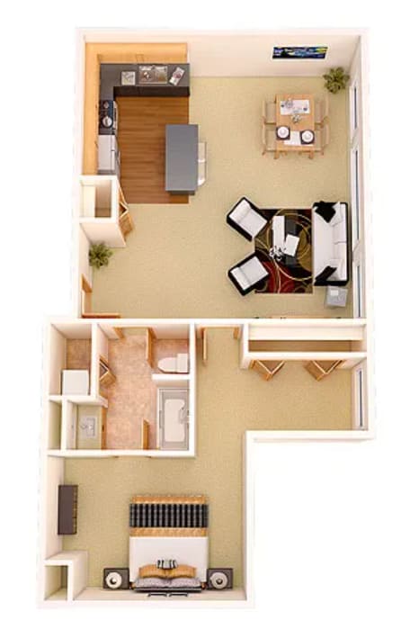 A top-down view of a small apartment with a kitchen, living room, and bedroom.