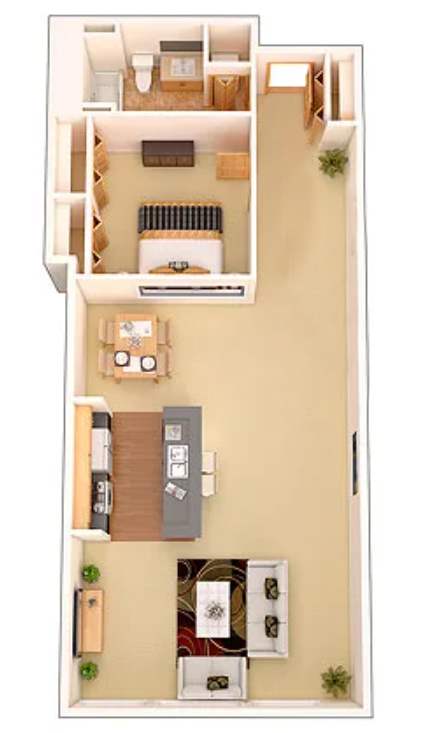 A floor plan of a two-bedroom apartment with a living room, kitchen, and bathroom.