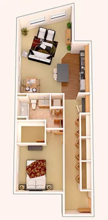 A floor plan of a two-bedroom apartment with a living room, kitchen, and bathroom.