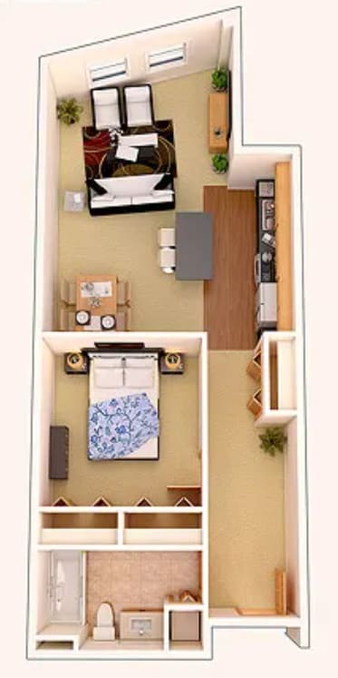 A top-down view of a small apartment with a bedroom, living room, and kitchen.
