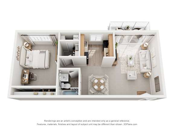 A 3D floor plan of a 1 bedroom apartment