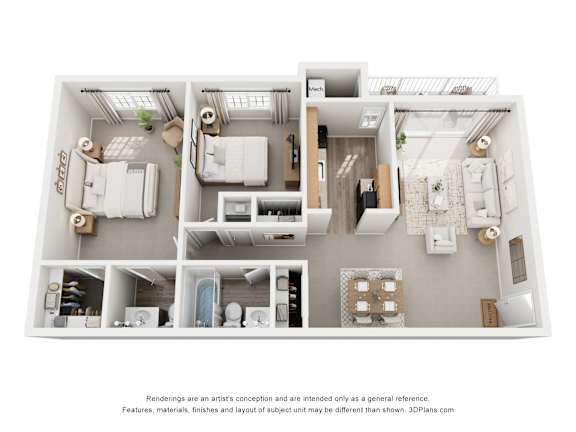 A 3D floor plan of a 2 bedroom apartment