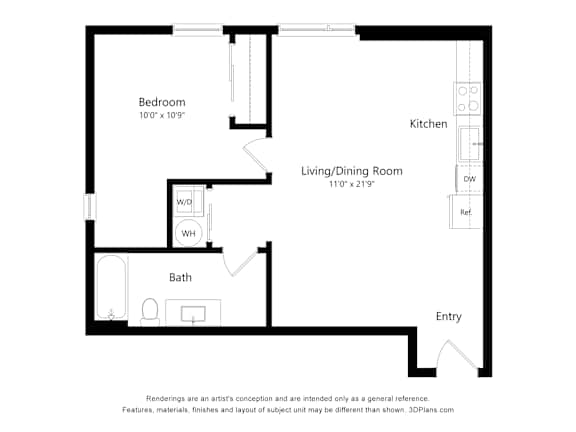 Floor Plan  A floor plan of a small apartment with a bedroom, living/dining room, kitchen, and bath.