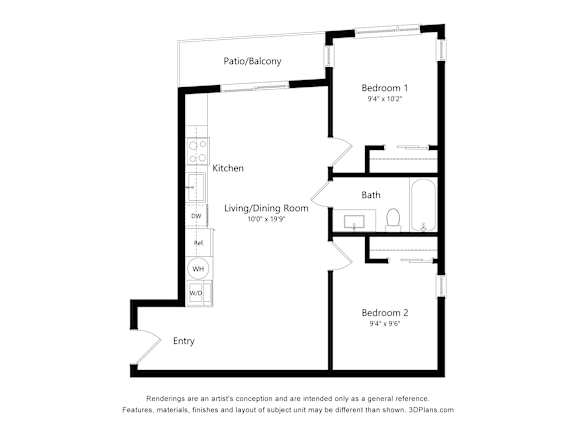 Floor Plan  A floor plan of a house with two bedrooms, a living room, a kitchen, a bath, and an entry.