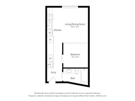 Floor Plan  A floor plan of a small apartment with a kitchen, living room, bedroom, bathroom, and entry.