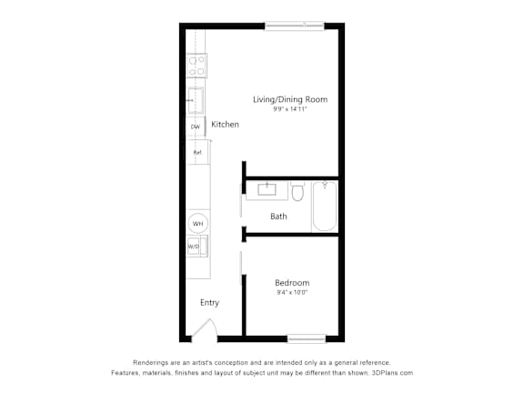 Floor Plan  A floor plan of a small apartment with a living room, kitchen, bath, and bedroom.