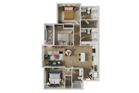 A 3D floor plan of a house with a kitchen, living room, and two bedrooms.