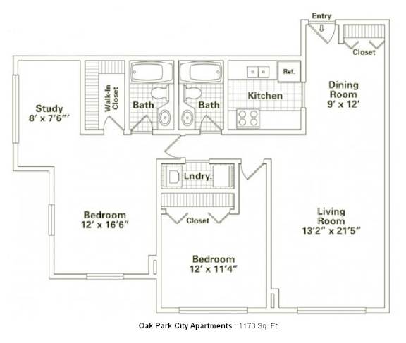 2 Bed 2 Bath Floorplan B at Oak Park City, Illinois, 60301