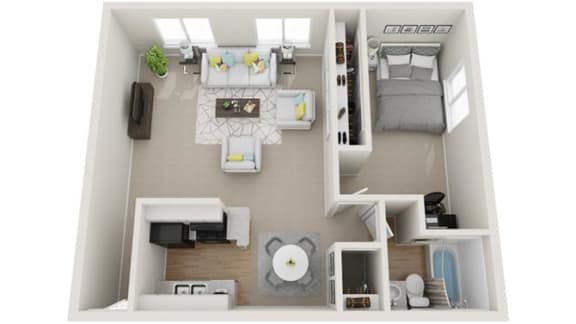 One Bedroom One Bath Floor Plan at Dwell Apartment Homes, Riverside