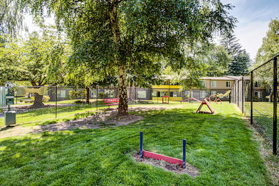 a park with a tree and a playground and a fence