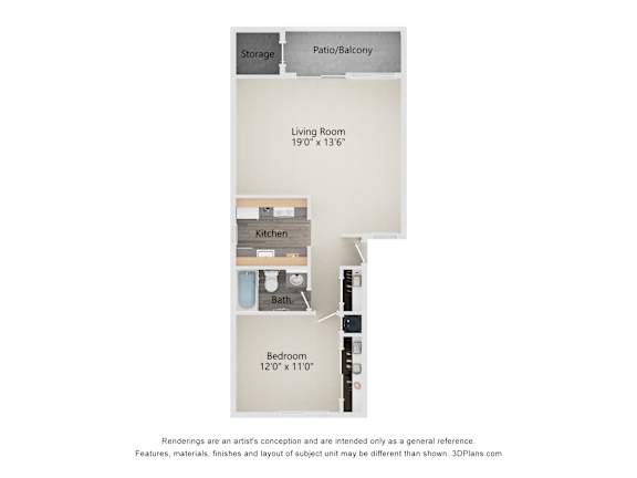 A floor plan of a small apartment with a living room, kitchen, bathroom and bedroom.