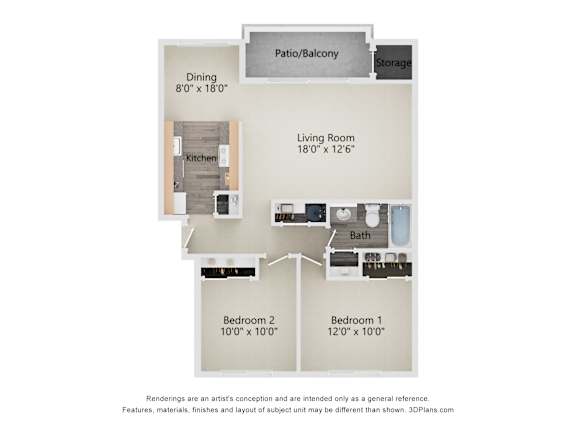Floor plan for a 2 bedroom 1 bath