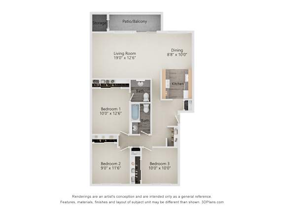 Floor plan for a 3 bedroom 2 bath