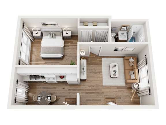 A top-down view of a modern, minimalist bedroom with a bed, a desk, a chair, and a small potted plant.