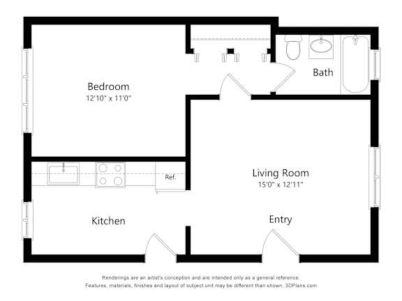 Floor Plan  A black and white image of a floor plan for a small apartment.