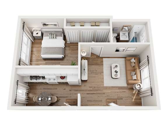 A top-down view of a small, neatly organized apartment with a bed, a couch, a dining table, and a kitchenette.