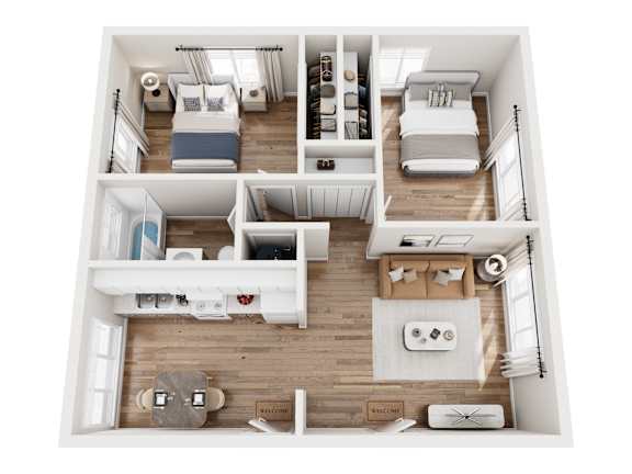 A top-down view of a small apartment with a bedroom, living room, and kitchen.