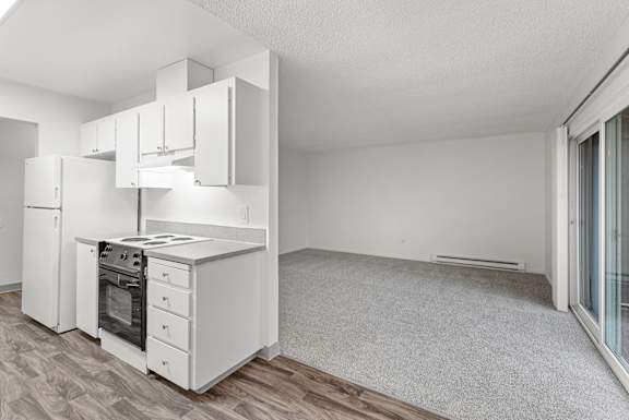 A white kitchen with a stove, oven, and cabinets.