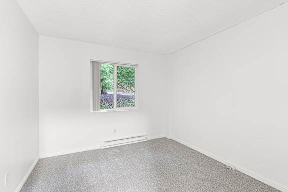 A room with a window and a grey carpet.