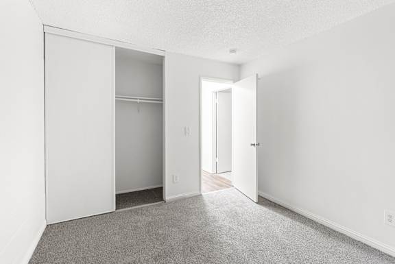 A white room with a grey carpet and a white wardrobe.