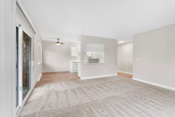 A room with a carpeted floor and a ceiling fan.