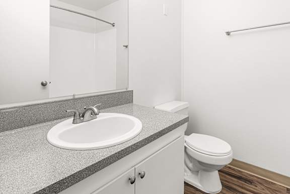 A bathroom with a white toilet and a sink with a grey counter top.