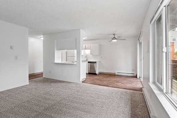 A spacious living room with a grey carpet and white walls.