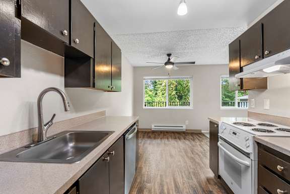 A modern kitchen with dark wood cabinets and stainless steel appliances.