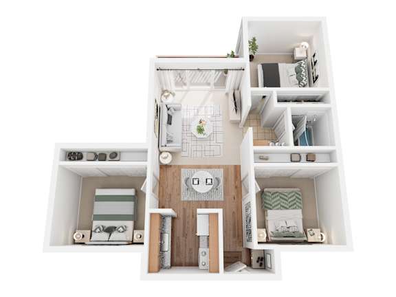 A white dollhouse with a kitchen, living room, and bedroom.