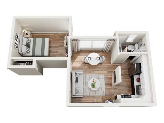 A top-down view of a small apartment with a bedroom, kitchen, and living room.