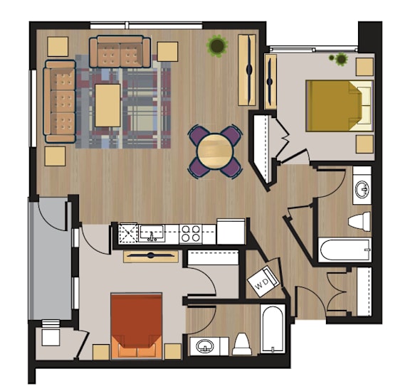 A floor plan of a house with a kitchen, living room, dining room, and bathrooms.