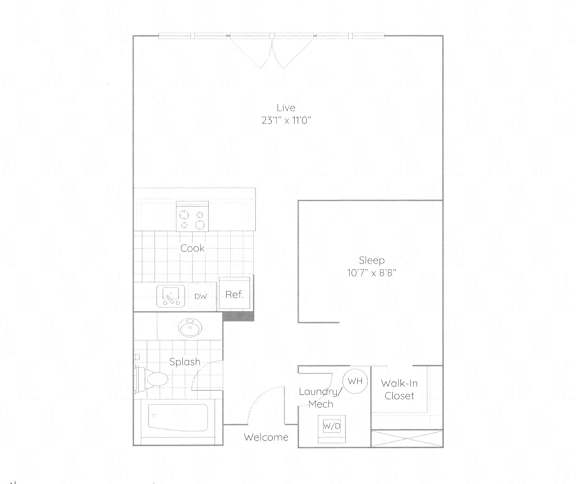 A floor plan of a house with labeled rooms such as "Live", "Sleep", "Cook", "Splash", "Laundry/Mech", "Walk-In Closet", and "Welcome".