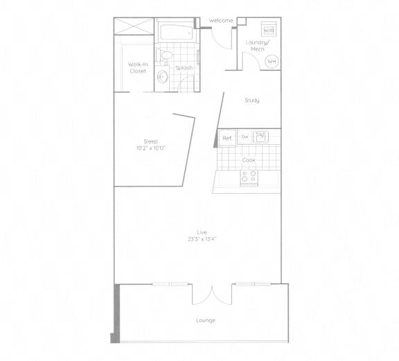 A floor plan of a house with a study, kitchen, and lounge.