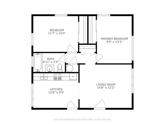 2D floorplan of 2 bedroom and 1 bath