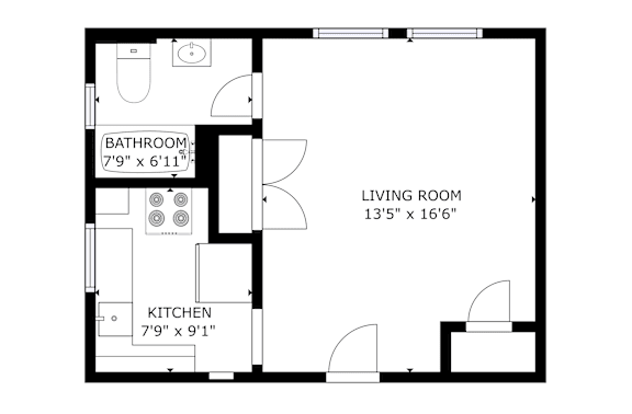 A black and white image of a floor plan for a small apartment.