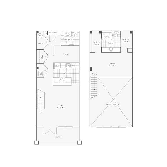 A floor plan of a house with a lounge, study, kitchen, and bedrooms.