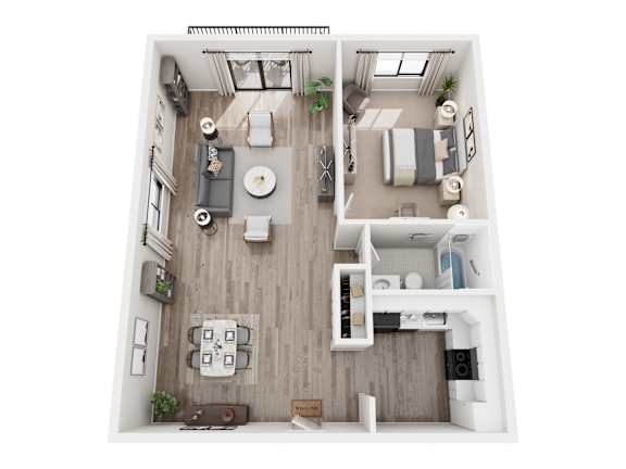 Floor Plan  A top-down view of a small apartment with a kitchen, living room, and bedroom.