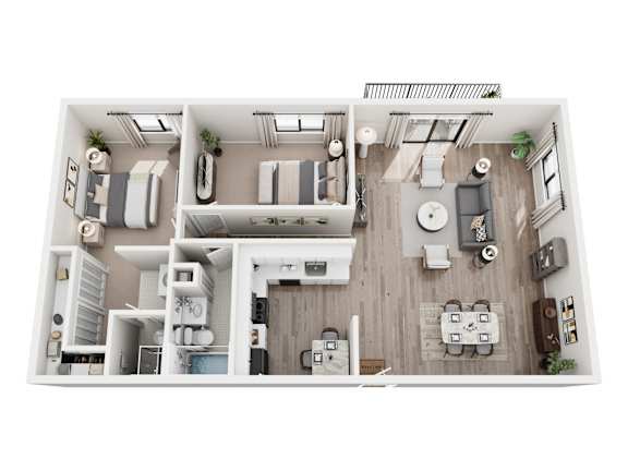 Floor Plan  A top-down view of a modern apartment layout with a kitchen, living room, and bedrooms.