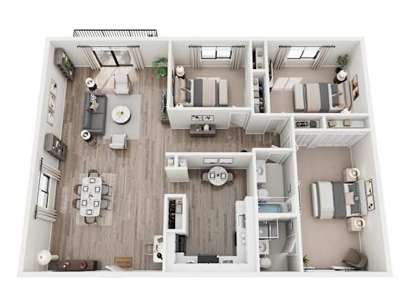 Floor Plan  A top-down view of a modern apartment layout with a kitchen, living room, and bedrooms.