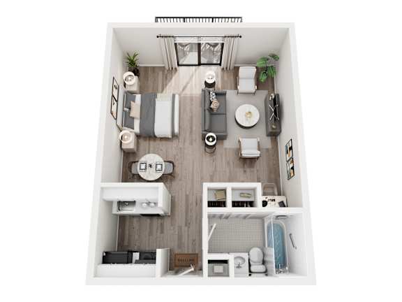 Floor Plan  A top-down view of a small, neatly organized apartment with a kitchen, living room, and bathroom.