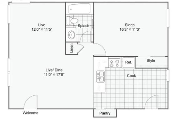 1 bed 1 bath floor plan at The Clarendon Apartment Homes, Clarendon, IL, 60514