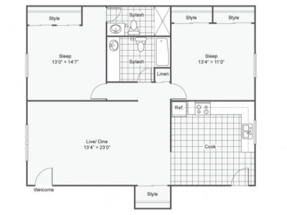 2 bed 2 bath floor plan at The Clarendon Apartment Homes, Clarendon, Illinois