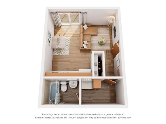 A 3D floor plan of a small apartment with a kitchen, living room, and bathroom.